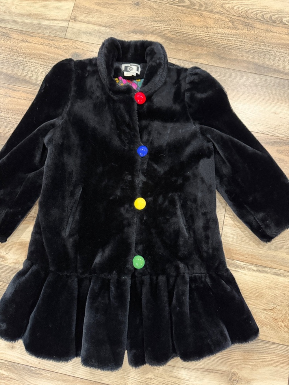 Girls Faux Fur‎ Coat Black Colorful Buttons Floral Lining Size 12 Youth